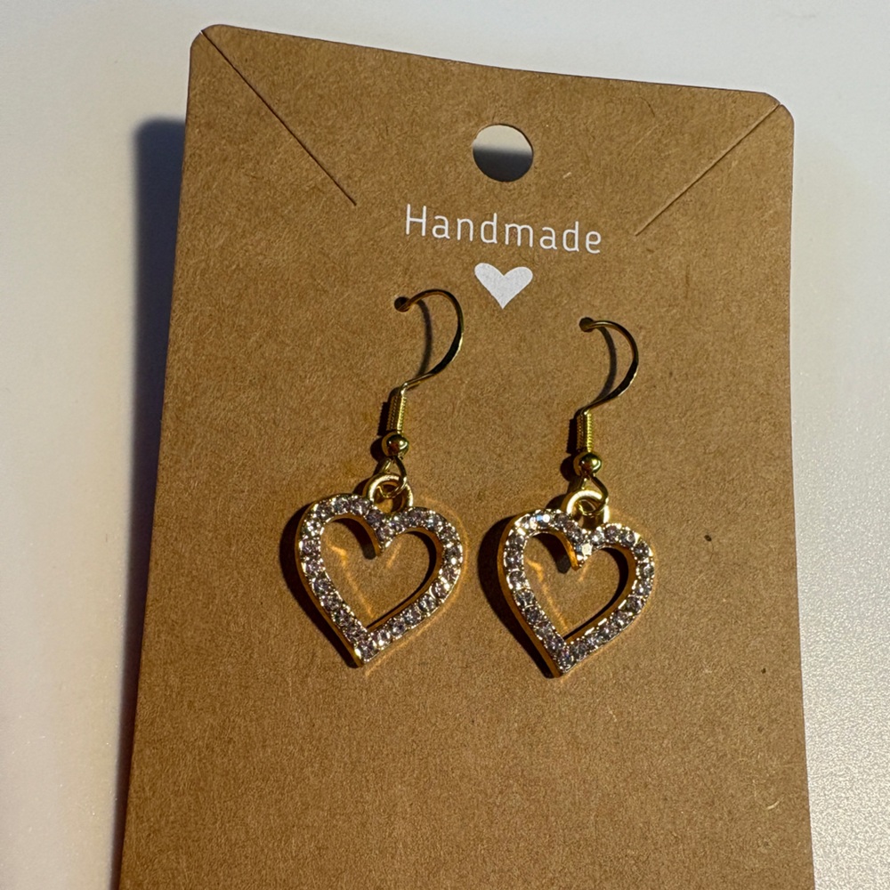 Handmade Gold and Rhinestone Heart Earrings